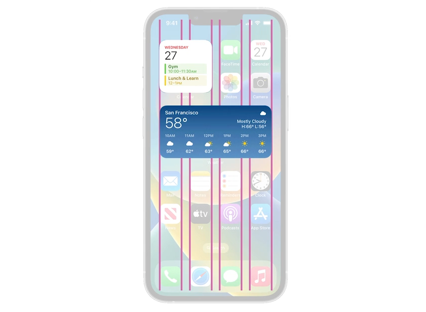 Tela do iPhone dividida em colunas de um grid.