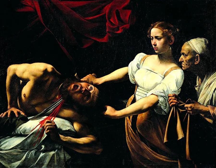 Pintura do artista Caravaggio. Há três personagens na cena: um homem branco à esquerda, uma mulher branca no centro, e uma senhora branca à direita.