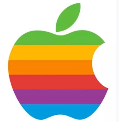 logo da Apple. formato plano de maçã com um arredondamento para dentro do lado direito, representando uma mordida. o formato é preenchido por listras em diferentes cores.