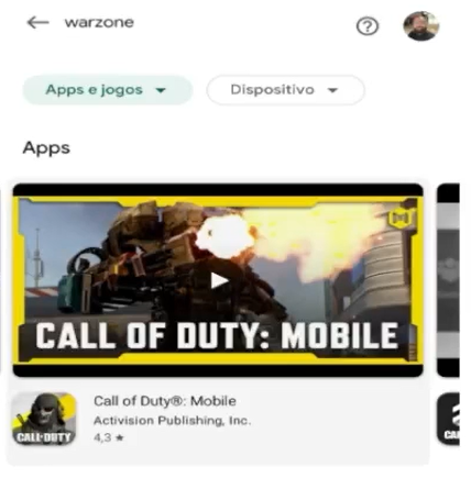 captura de tela de uma busca por "warzone" no campo de pesquisa do Google Play. o primeiro resultado é o do jogo Call Of Duty: Mobile.