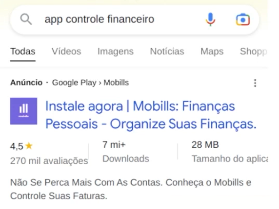 captura de tela de uma busca por "app controle financeiro" no Google. o resultado é um anúncio do aplicativo Mobilis: Finanças Pessoais.