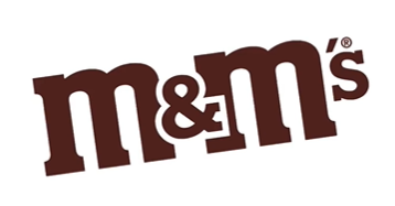 logomarca da M&M's. duas letras "m" minúsculas em marrom, separadas por um "e" comercial menor em sobreposição e seguidas de uma apóstrofe e um "s" sobrescrito.