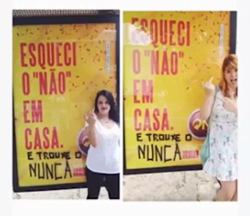 fotos tiradas de redes sociais. em ambas as fotos, uma mulher mostrando o dedo do meio está à frente do cartaz da Skol alterado, com a frase "Esqueci o não em casa e trouxe o nunca".