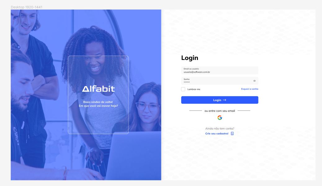 Figma da tela de login da Alfabit. a tela está dividida em duas metades. na primeira, uma foto com filtro azul de algumas pessoas sorrindo em volta de um notebook e, sobre a foto, a logo da Alfabit e a frase "Boas-vindas de volta! Em que você vai inovar hoje?". na segunda metade, sobre um fundo branco, o formulário de Login.