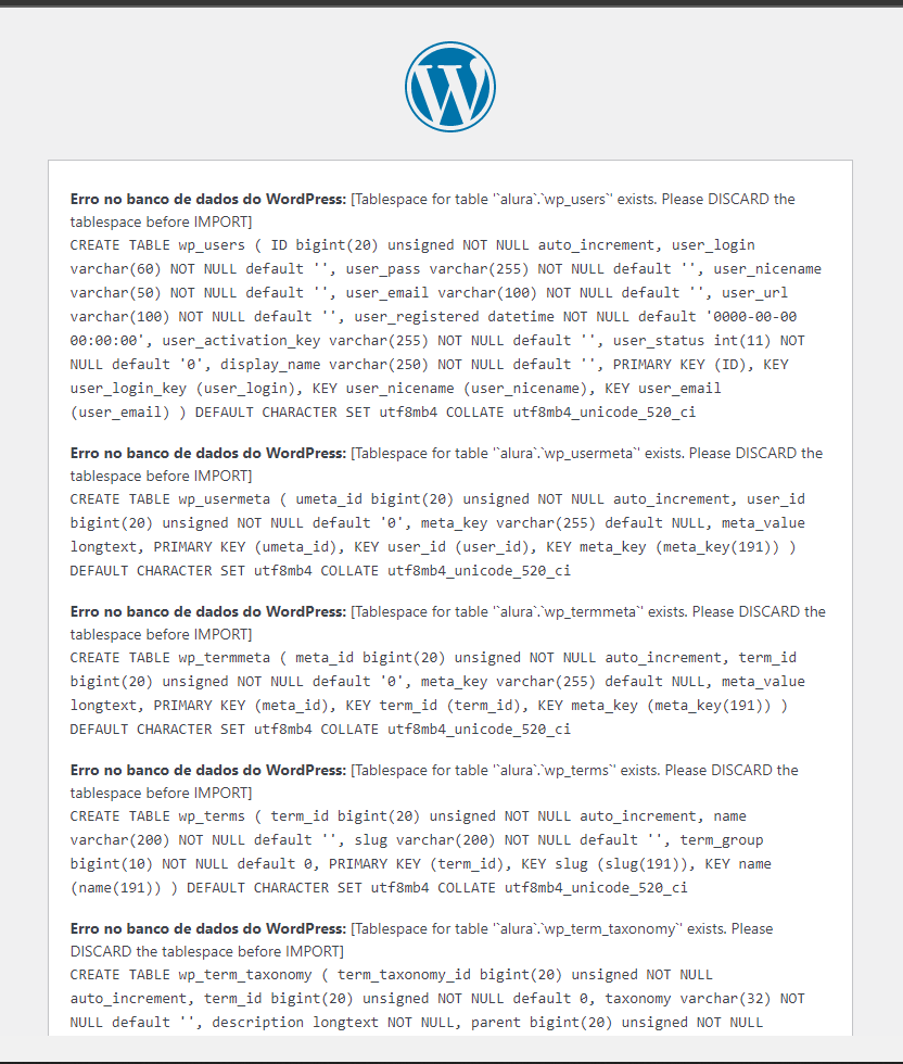 Imagem de erro banco de dados wordpress