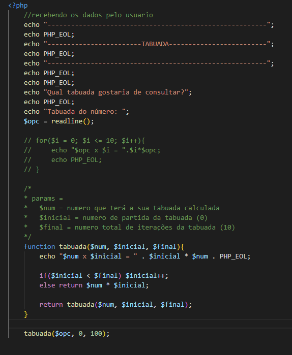 Código em php mostrando a execução de tabuada por meio de recursividade