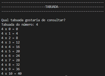 Resposta do terminal para o código da tabuada com recursividade