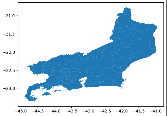 Mapa da latitude e longitude do estado do Rio de Janeiro. O eixo x é graduado de -45.0 a -41.0 em intervalos de -0.5. O eixo y é graduado de -23.0 a -21.0 em intervalos de -0.5. O mapa é composto pelo mapa do estado do Rio de Janeiro contornado em branco e preenchido em azul.