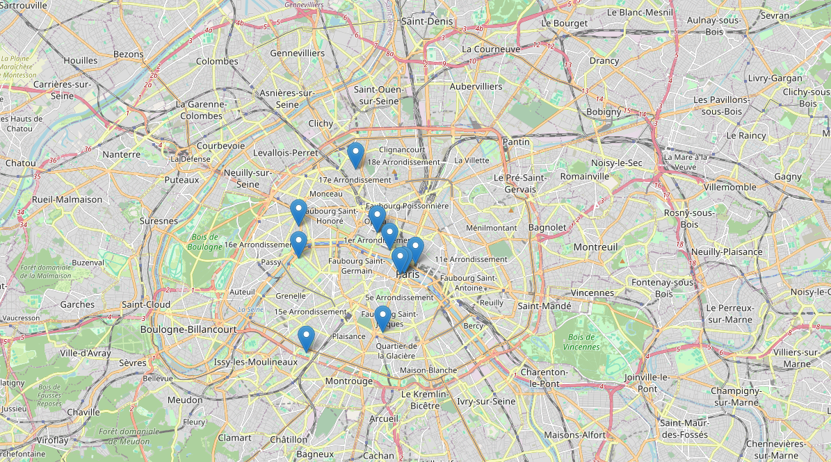 Mapa político da cidade de Paris com 10 marcadores azuis em atrações turísticas.
