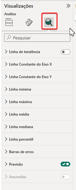 Captura de tela do painel de visualizações no Power BI. Em destaque, botão "Adicionar mais análises ao seu visual".