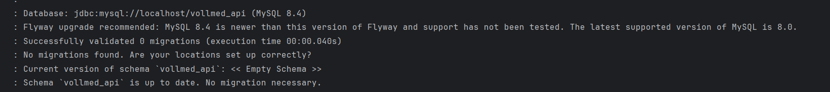 Log relatando a incompatibilidade da versão do Flyway e o MySql