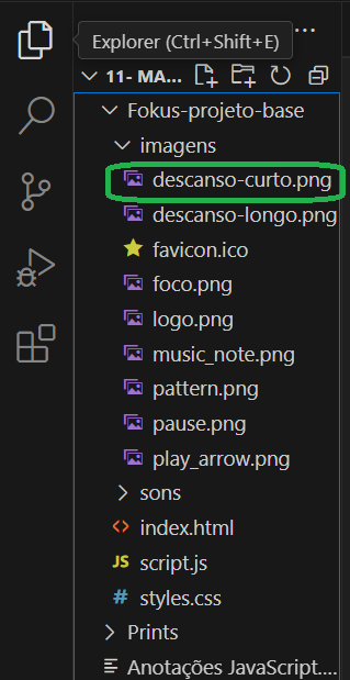 Print com a pasta imagens aberta. Mostrando o nome das imagens descanso-curto.png (Está em negrito), descanso-longo.png, etc...