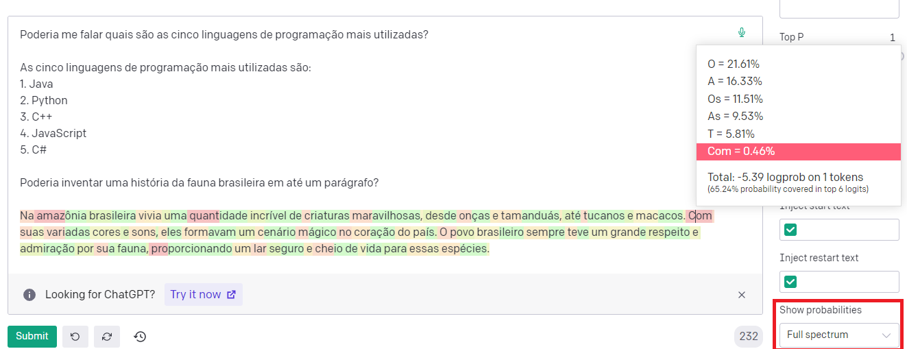 Texto com uma história inventada sobre a fauna brasileira e as probabilidades de uma das palavras