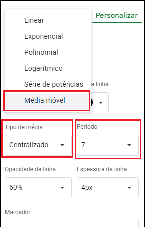 Imagem mostrando a opção de escolha de média móvel em linha de tendência