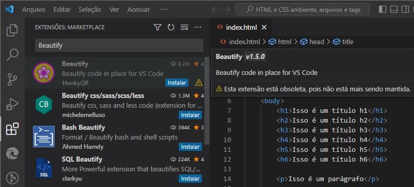 Print da tala do VS Code com a informação que a extensão Beautify está obsoleta