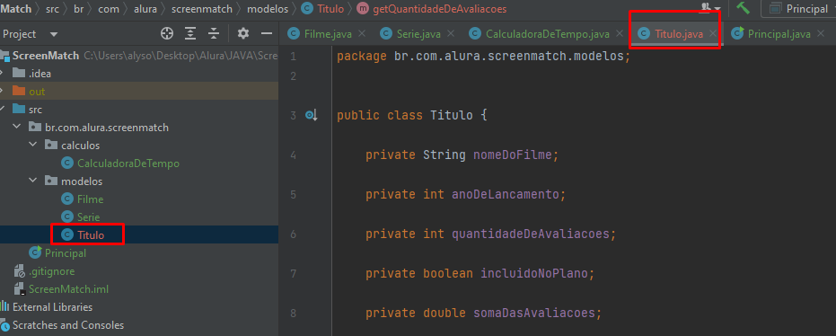 Imagem do IntelliJ, comprovando o nome da classe Título em vermelho