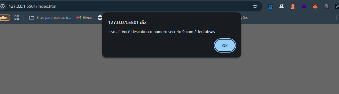 Captura de tela que mostra o resultado final de um script JavaScript de um jogo para encontrar o número secreto