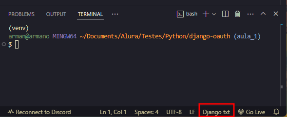 Imagem do VS Code que destaca a opção de seleção de linguagem de interpretação do arquivo