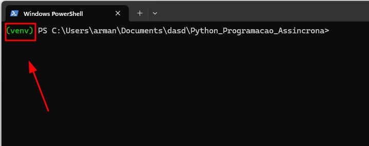 Captura de tela que mostra o ambiente virtual do Python ativado, dando destaque para o nome do ambiente virtual no inicio do caminho do terminal
