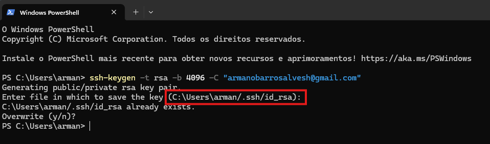 Captura de tela do terminal PowerShell que apresenta o código de criação da chave ssh