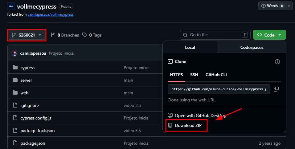 Captura de tela de um repositório do GitHub com 2 destaques, um para a branch em questão e outro para a forma de download do projeto com o formato .zip