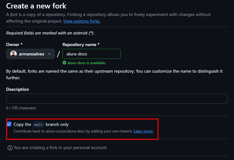Captura de tela que mostra o detalhe de marcação do processo de fork que limita a branch main como a única trazida para esse fork do repositório