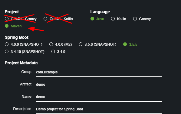 Captura de tela do site de inicialização de projetos spring que destaca a opção de gerenciador de projeto Maven