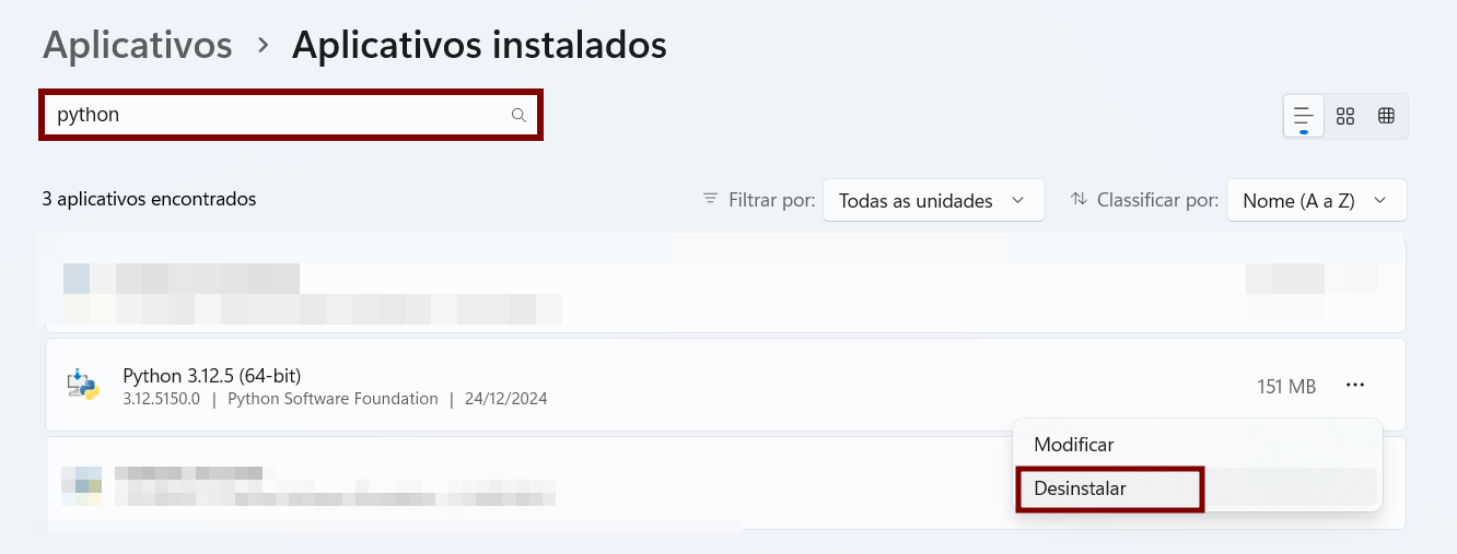 Captura de tela da seção de aplicativos instalados do Windows