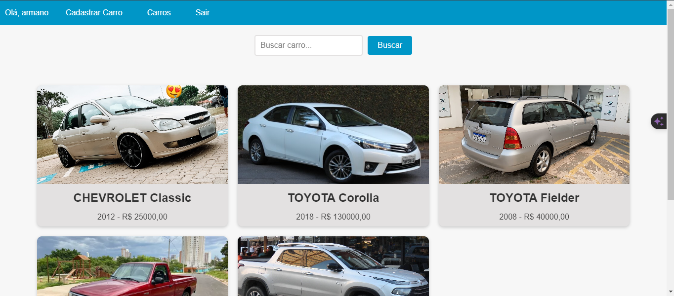 Captura de tela da página HOME de um projeto de cadastro de carros
