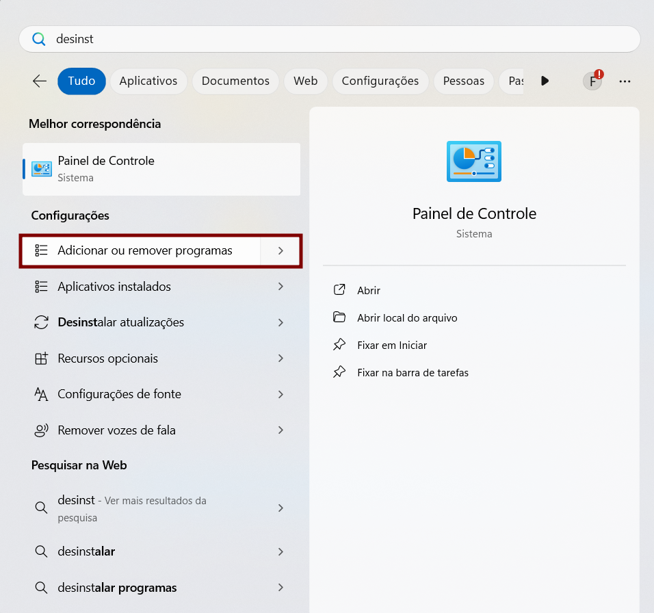 Captura de tela da barra de busca do Windows, com a busca por "painel de controle"