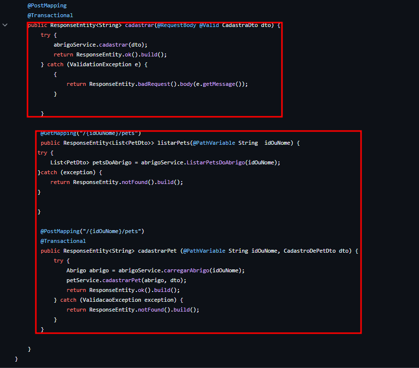 Captura de tela do GitHub Web, com destaque para métodos de endpoints, o primeiro destaque para um método sem erros e o segundos para dois métodos com erro de endentação.
