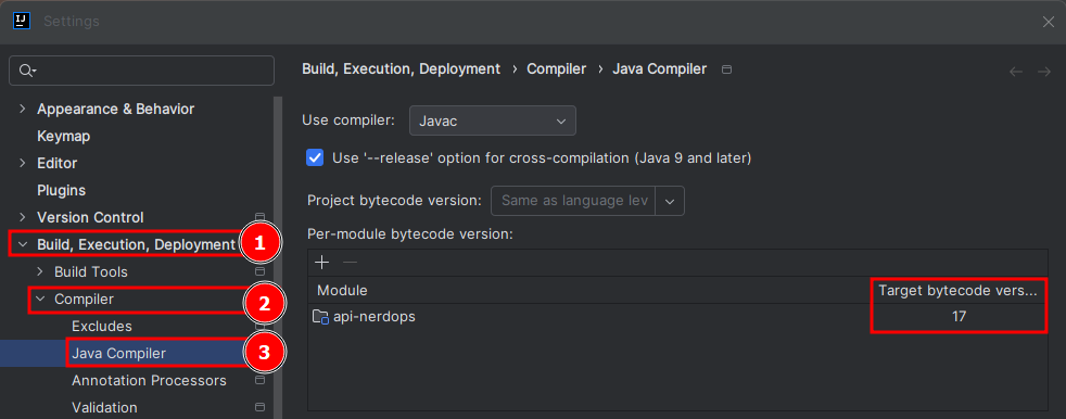 Captura de tela das configurações do IntelliJ onde é demonstrado os passos para chegar nas configurações do compilador