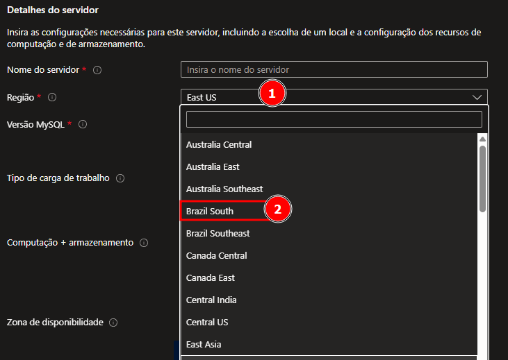 Captura de tela da etapa de configuração basica do recurso do MySQL dentro do Azure, onde é selecionado a região do servidor para Brazil South
