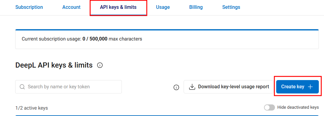 Captura de tela que informa os campos que devem ser acessado na plataforma do DeepL para criar sua propria API_KEY