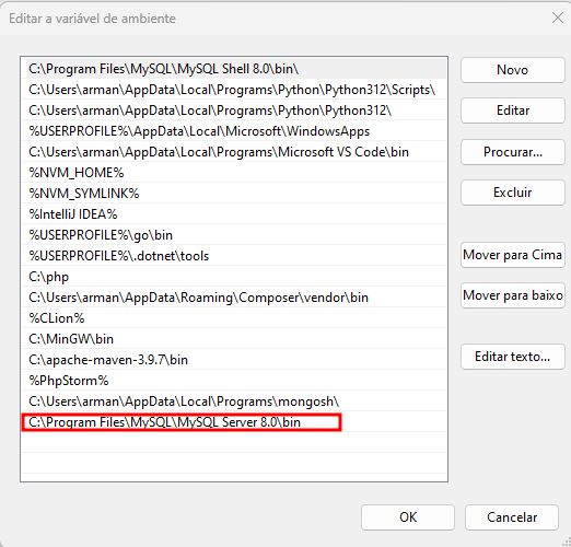 Print da aba de variáveis de ambiente, dando destaque para o caminho da pasta bin do MySQL Server