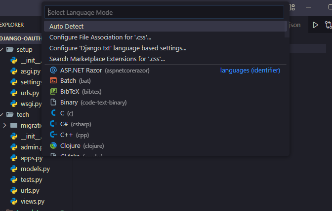 Captura de telo do VS Code que mostra a aba de seleção da linguagem que será interpretada no arquivo