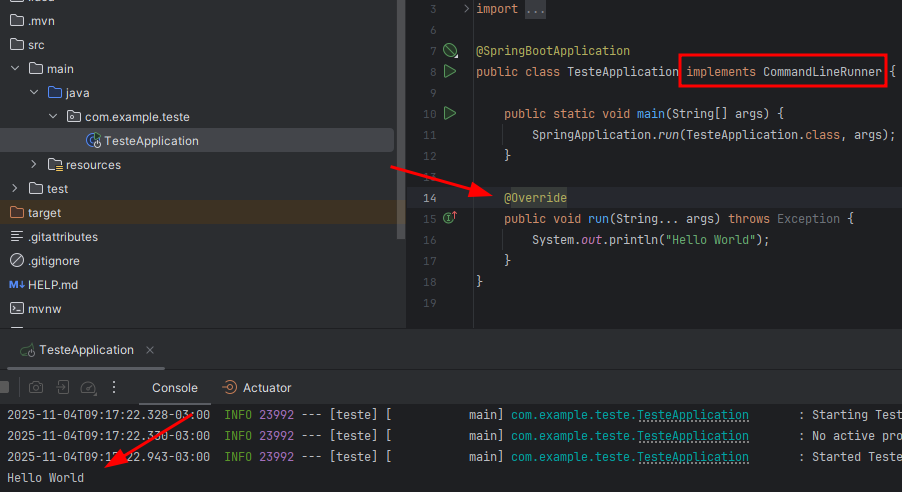 Captura de tela que destaca a interface implementada, o método sobrescrito da interface e o resultado do método ao rodar a aplicação