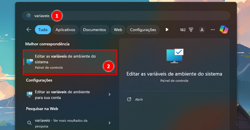 Captura de tela na área de trabalho do Windows com a aba do Buscador em aberto com a pesquisa por "variáveis" e encontrando a opção de variáveis de ambiente