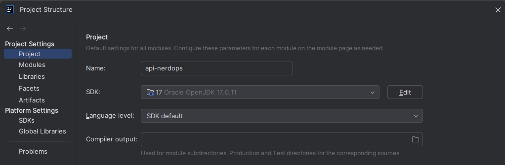 Captura de tela de uma aba do IntelliJ que configura a estrutura do projeto