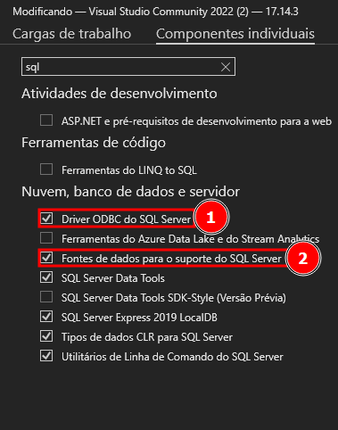 Captura de tela que dar destaque para as opções marcadas: "Driver ODBC do SQL Server" e "Fontes de dados para o suport e do SQL Server"