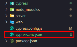 Captura de tela dos arquivos e pastas do projeto, dando destaque para o arquivo "cypress.env.json"