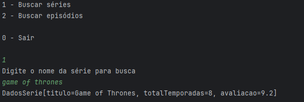 Captura de tela do retorno da pesquisa de uma API de séries no terminal