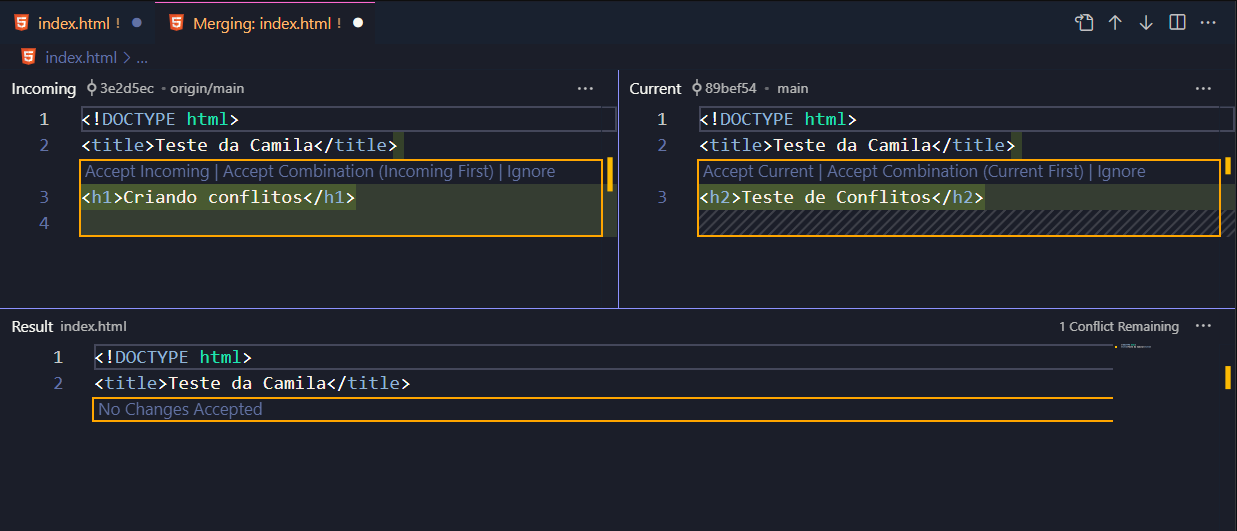 Tela do Editor de Merge do Vs Code