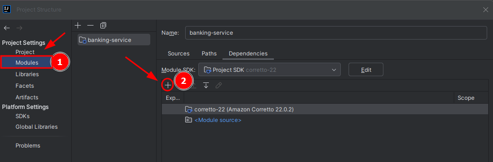 Captura de tela dentro da IDE IntelliJ que mostra a opção de edição da estrutura do projeto com destaque para adição de um novo modulo