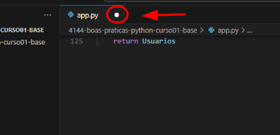Captura de tela de um arquivo aberto no VS Code com destaque para o ícone que demostra que as alterações do arquivo não foram salvas