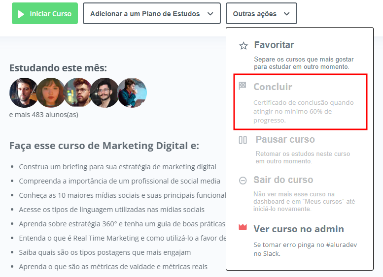 Captura de tela da plataforma da Alura, com o destaque para a opção de conclusão do curso e geração do certificado