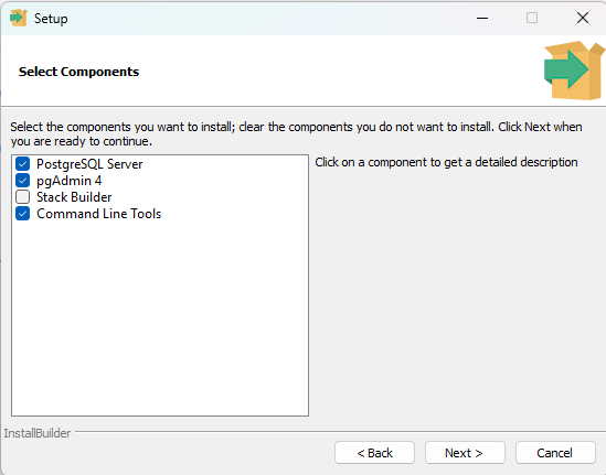 Captura de tela do instalador do PostgreSQL que mostra os componentes que devem ser instalados durante o processo