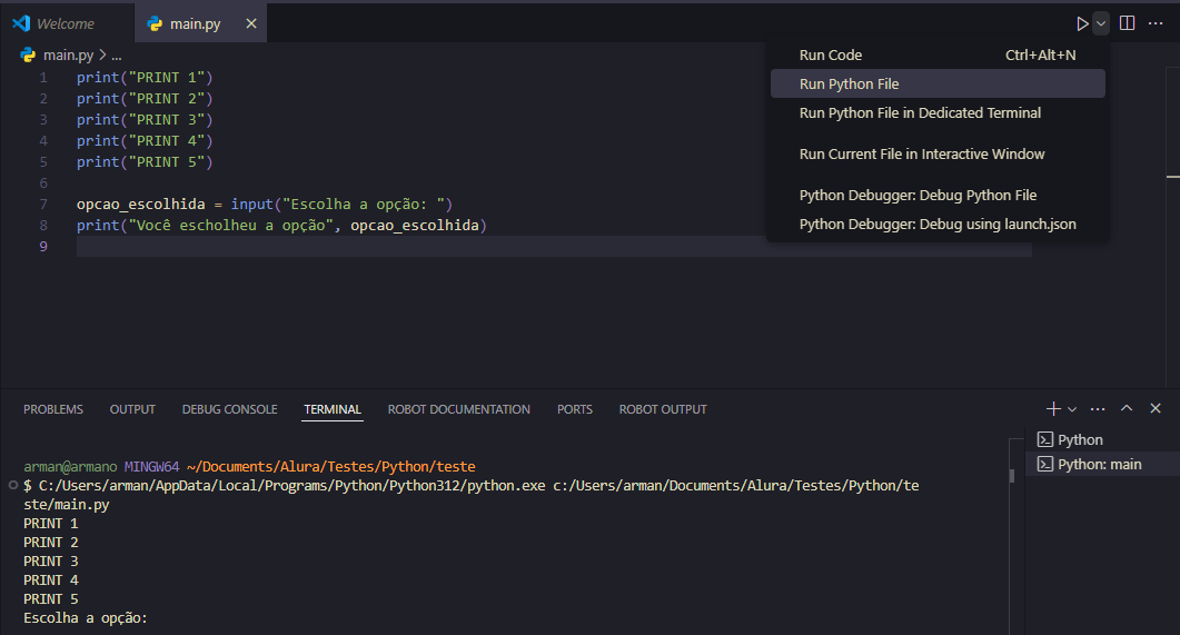 Captura de tela do VSCode, mostrando as opções de rodar o código Python