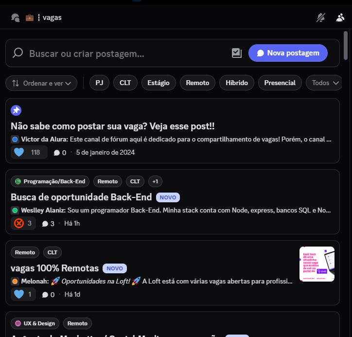 Captura de tela do Discord oficial da Alura, mostrando a sala de Vagas com as vagas postadas e campo de busca