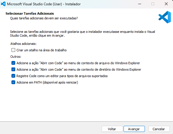Captura de tela do instalador do VS Code no processo de seleção de tarefas adicionais, focada nas formas de ação de abertura do VS Code